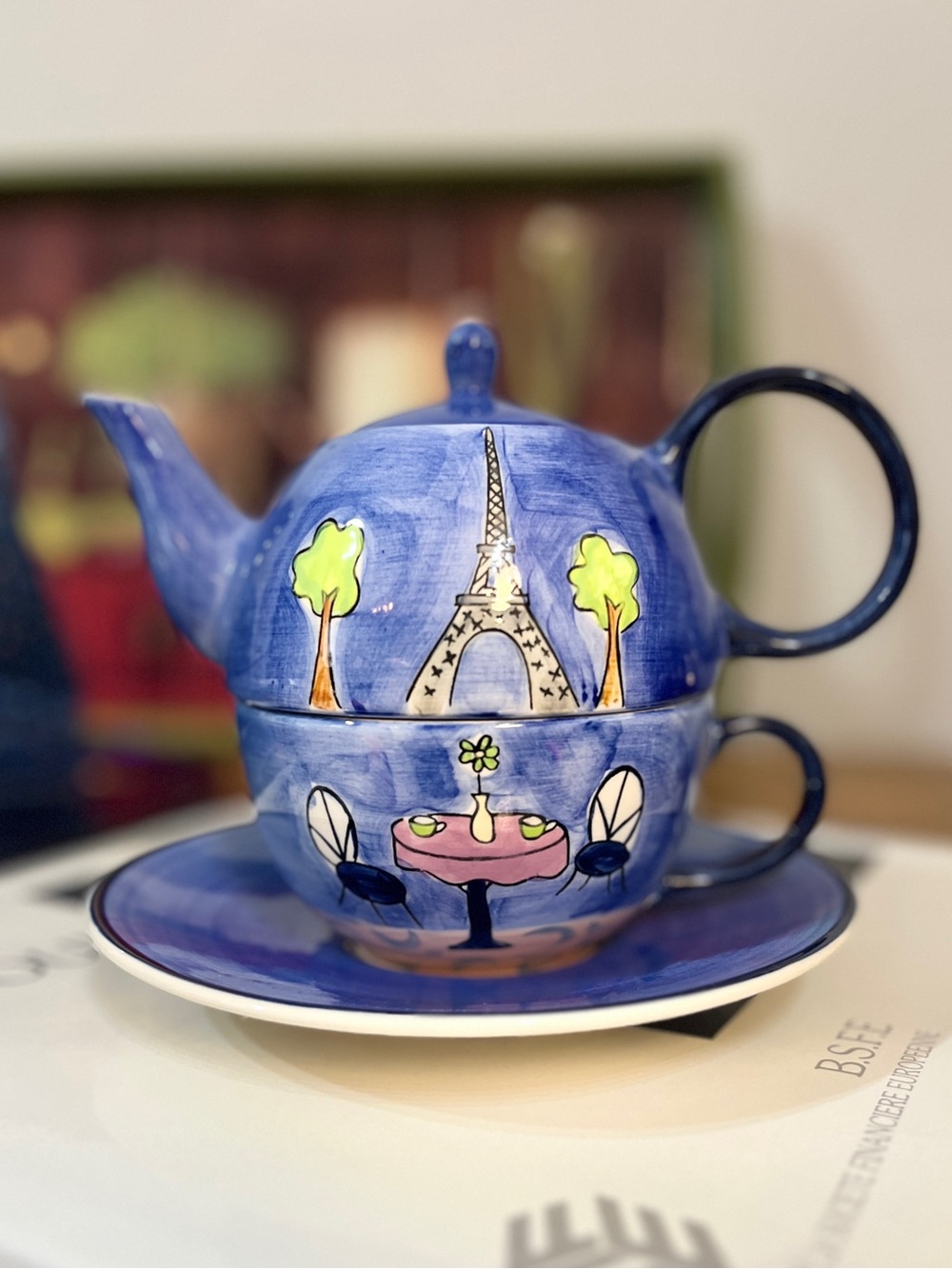 Set of 4 pcs Hand-Painted Pottery Tea Coffee Pot + lid, Saucer & cup, Parisian..
